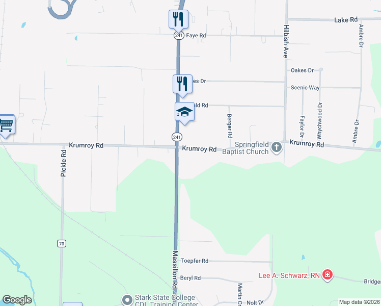 map of restaurants, bars, coffee shops, grocery stores, and more near 1738 Krumroy Road in Akron