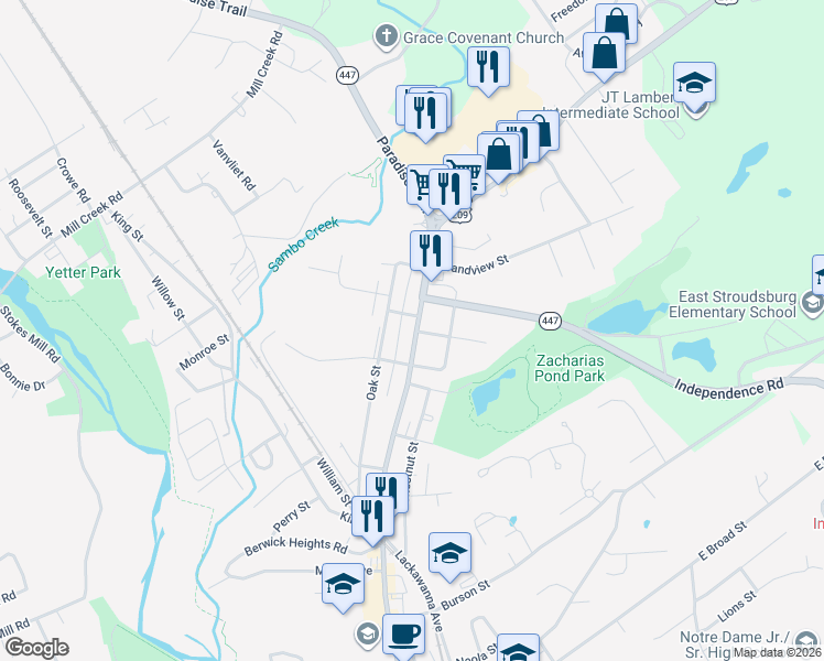 map of restaurants, bars, coffee shops, grocery stores, and more near 580 U.S. 209 Business in East Stroudsburg