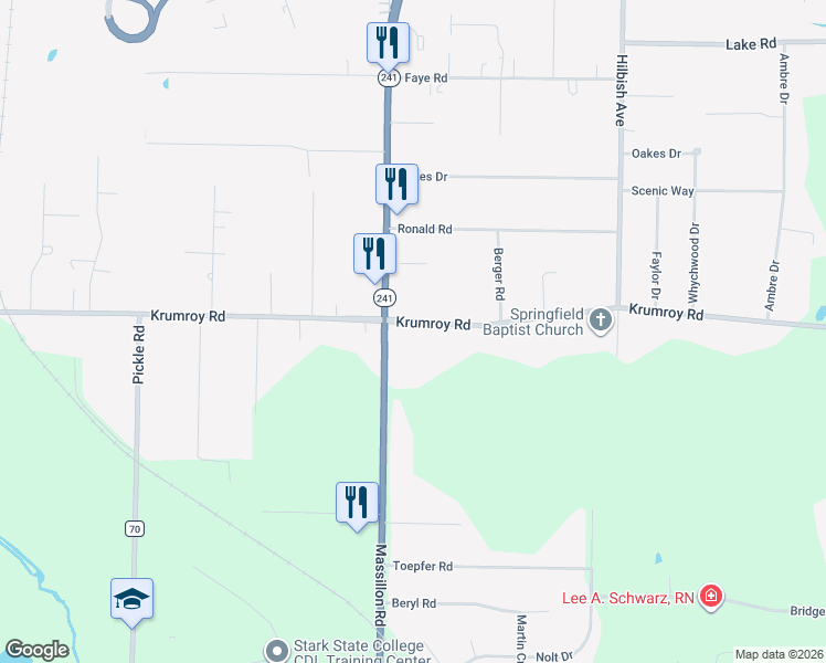 map of restaurants, bars, coffee shops, grocery stores, and more near 1738 Krumroy Road in Akron