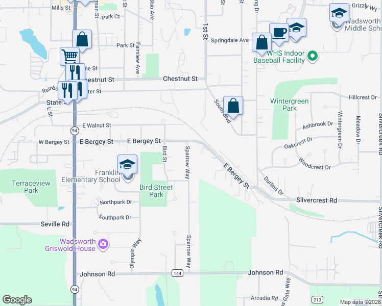 map of restaurants, bars, coffee shops, grocery stores, and more near 487C Sparrow Way in Wadsworth