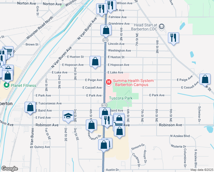 map of restaurants, bars, coffee shops, grocery stores, and more near 155 5th Street Northeast in Barberton
