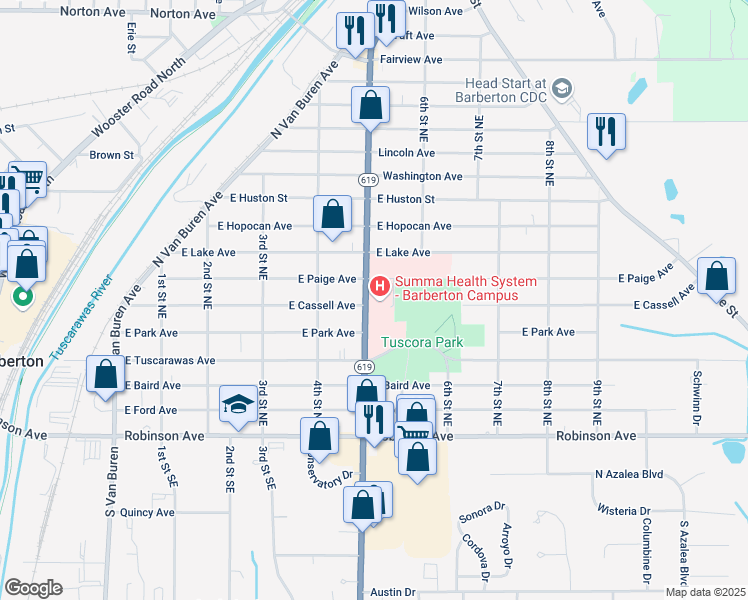 map of restaurants, bars, coffee shops, grocery stores, and more near 155 5th Street Northeast in Barberton