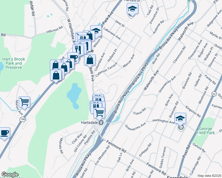 map of restaurants, bars, coffee shops, grocery stores, and more near 63 Rockledge Road in Hartsdale