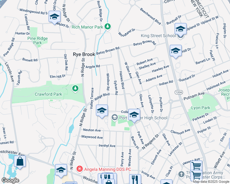 map of restaurants, bars, coffee shops, grocery stores, and more near 28 Ridge Boulevard in Port Chester