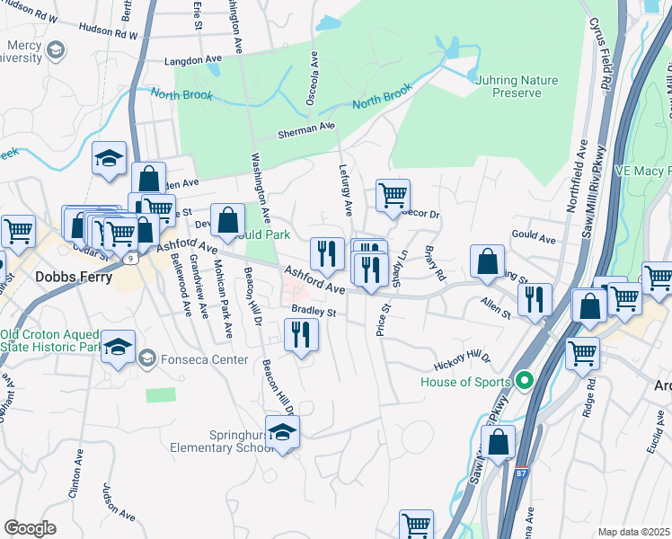 map of restaurants, bars, coffee shops, grocery stores, and more near 65 Virginia Avenue in Dobbs Ferry