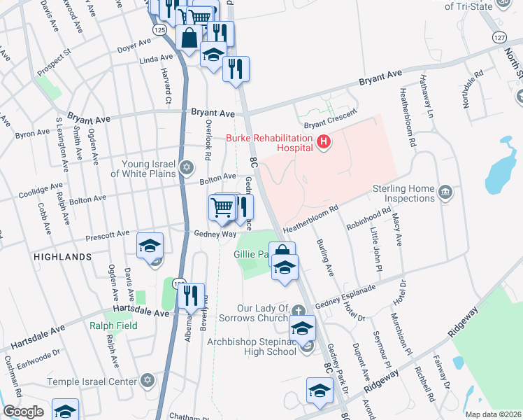 map of restaurants, bars, coffee shops, grocery stores, and more near 28 Gedney Terrace in White Plains