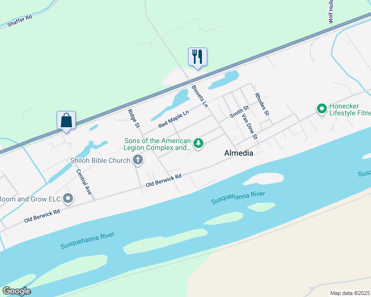map of restaurants, bars, coffee shops, grocery stores, and more near 3612 1st Street in Bloomsburg