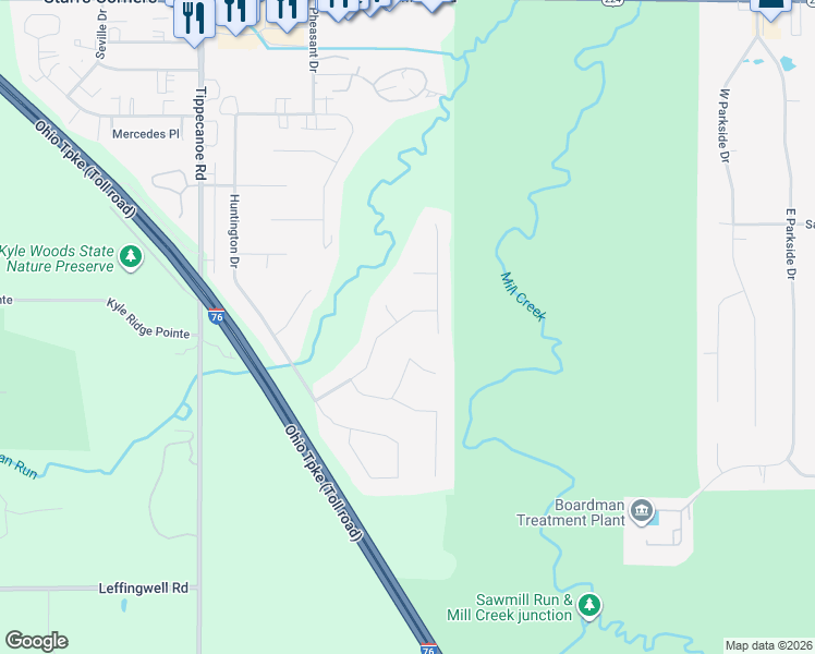 map of restaurants, bars, coffee shops, grocery stores, and more near 2319 Hunters Ridge in Youngstown