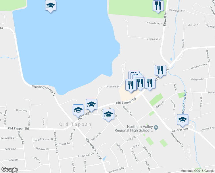 map of restaurants, bars, coffee shops, grocery stores, and more near 72 Lakeview Drive in Westwood