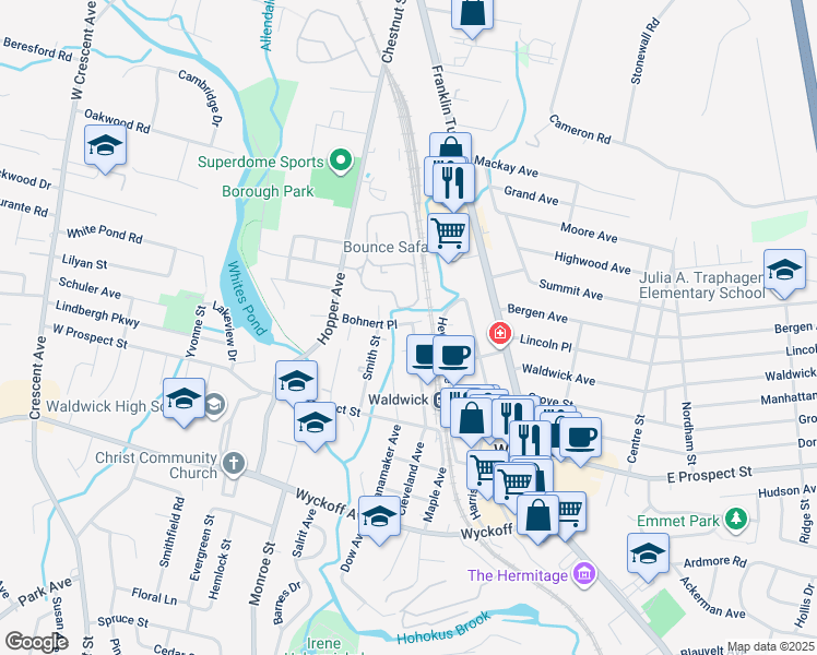 map of restaurants, bars, coffee shops, grocery stores, and more near 44 Zazzetti Street in Waldwick