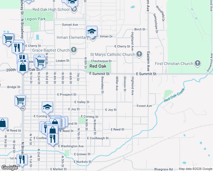 map of restaurants, bars, coffee shops, grocery stores, and more near 1112 Boundary Street in Red Oak