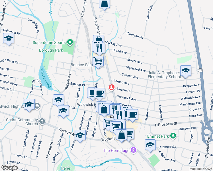 map of restaurants, bars, coffee shops, grocery stores, and more near 64 Harrison Avenue in Waldwick
