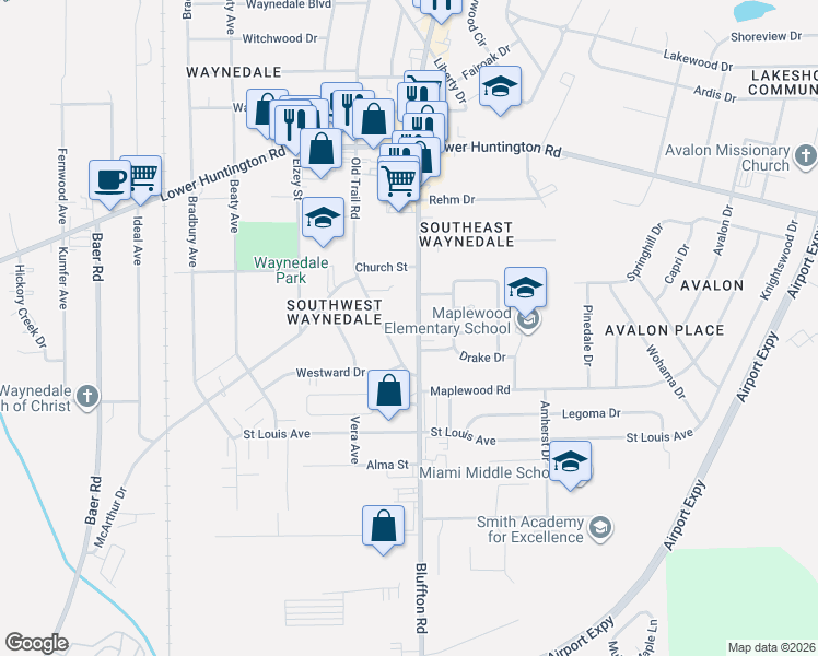 map of restaurants, bars, coffee shops, grocery stores, and more near 7322 Bluffton Rd in Fort Wayne