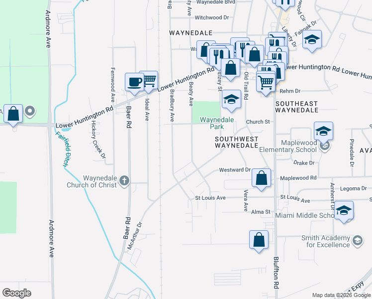 map of restaurants, bars, coffee shops, grocery stores, and more near 7313 Bradbury Avenue in Fort Wayne