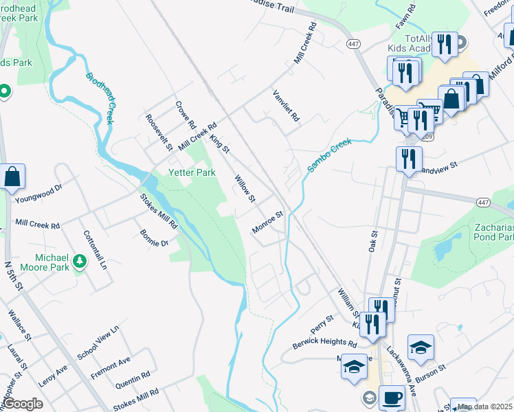 map of restaurants, bars, coffee shops, grocery stores, and more near 398 Willow Street in East Stroudsburg