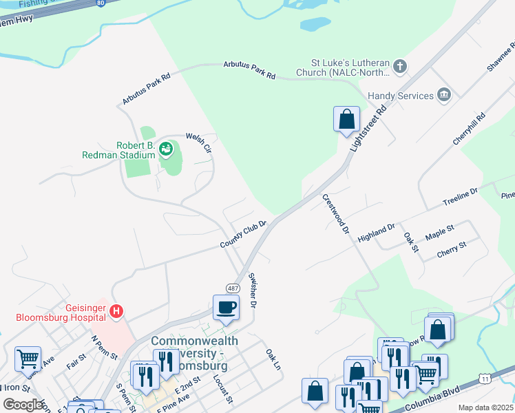 map of restaurants, bars, coffee shops, grocery stores, and more near 925 McGuire Road in Bloomsburg