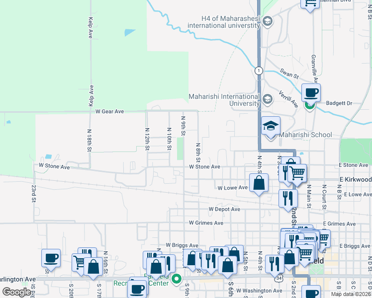 map of restaurants, bars, coffee shops, grocery stores, and more near 801 North 9th Street in Fairfield
