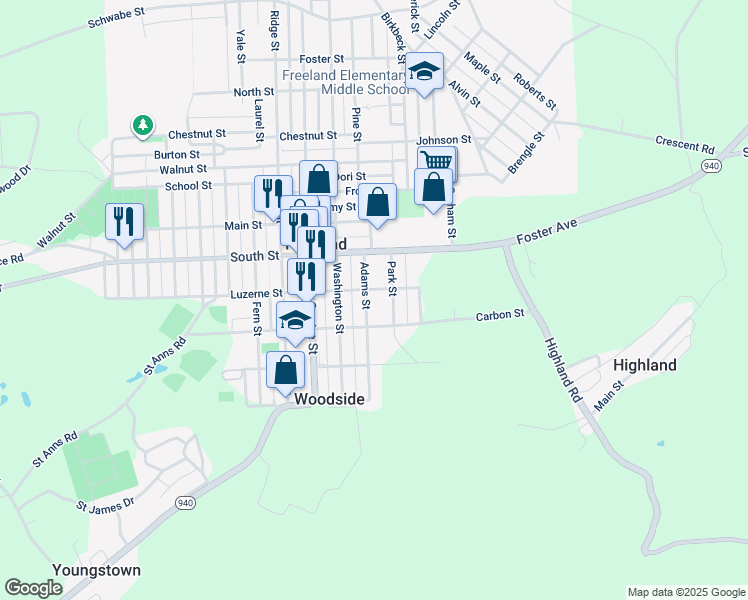 map of restaurants, bars, coffee shops, grocery stores, and more near 341 Adams Street in Freeland