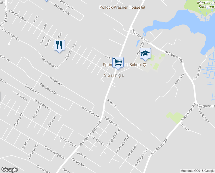 map of restaurants, bars, coffee shops, grocery stores, and more near 677 Springs Fireplace Road in East Hampton