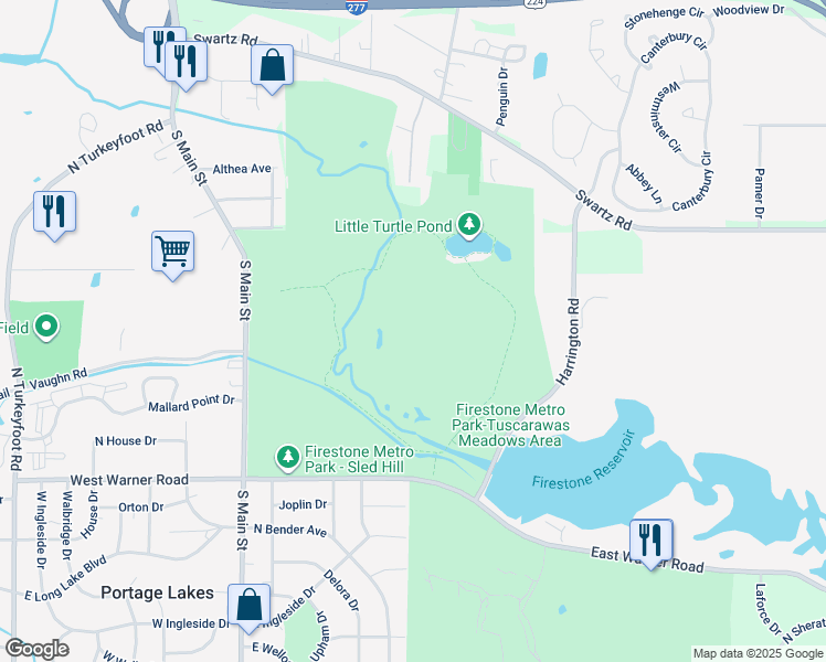 map of restaurants, bars, coffee shops, grocery stores, and more near 2620 Harrington Road in Akron