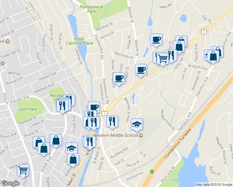 map of restaurants, bars, coffee shops, grocery stores, and more near 1 Byram Terrace Drive in Greenwich