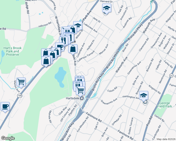 map of restaurants, bars, coffee shops, grocery stores, and more near 63 Rockledge Road in Hartsdale