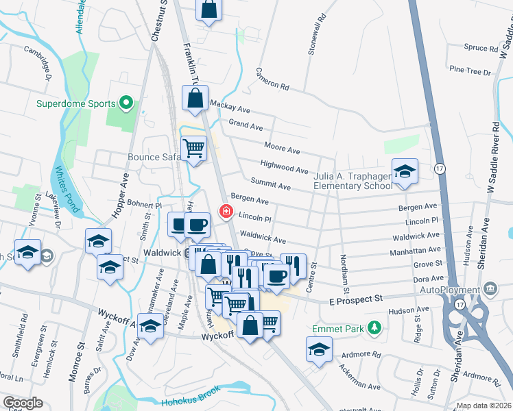 map of restaurants, bars, coffee shops, grocery stores, and more near 19 Lincoln Place in Waldwick