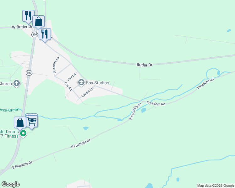 map of restaurants, bars, coffee shops, grocery stores, and more near 127 Freedom Road in Drums