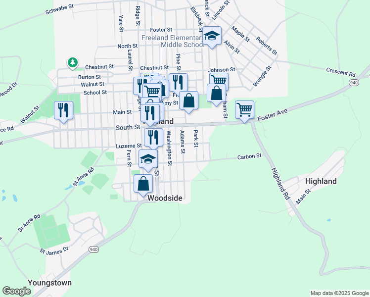 map of restaurants, bars, coffee shops, grocery stores, and more near 341 Adams Street in Freeland