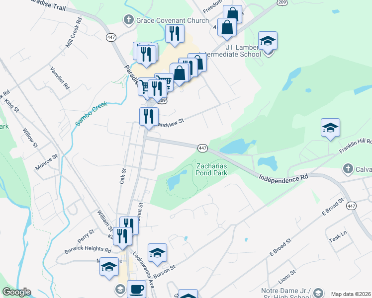 map of restaurants, bars, coffee shops, grocery stores, and more near 24 East 6th Street in East Stroudsburg