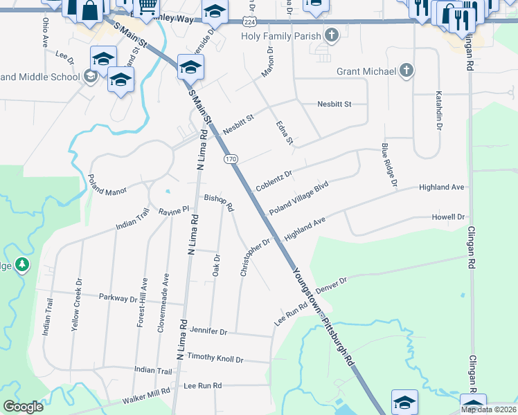 map of restaurants, bars, coffee shops, grocery stores, and more near 7064 Youngstown Pittsburgh Rd in Youngstown