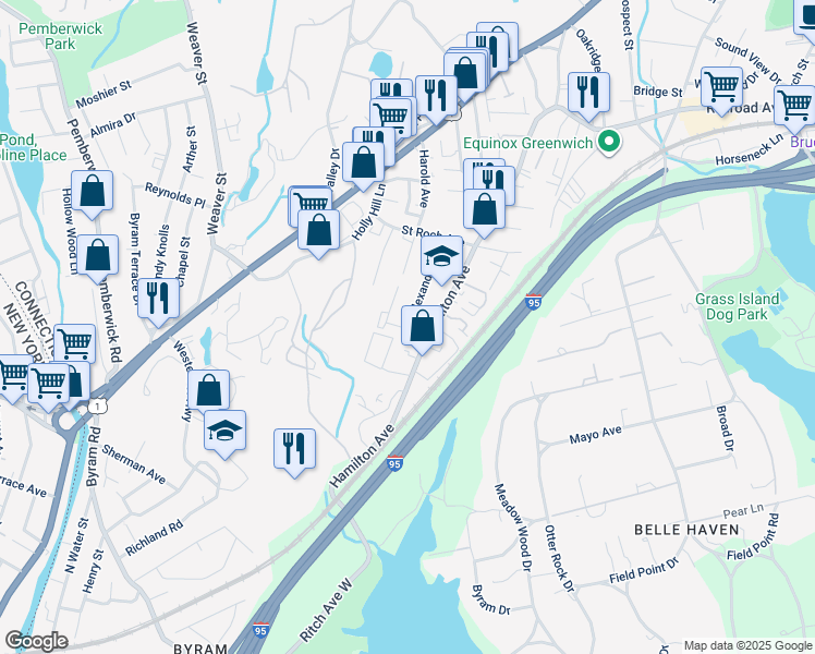 map of restaurants, bars, coffee shops, grocery stores, and more near 308 Hamilton Avenue in Greenwich