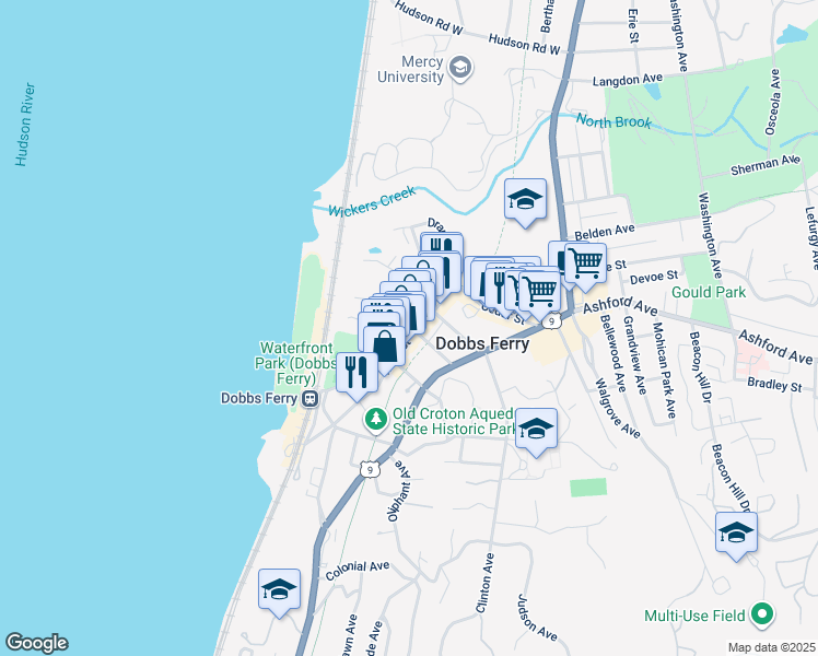 map of restaurants, bars, coffee shops, grocery stores, and more near 96 Main Street in Dobbs Ferry