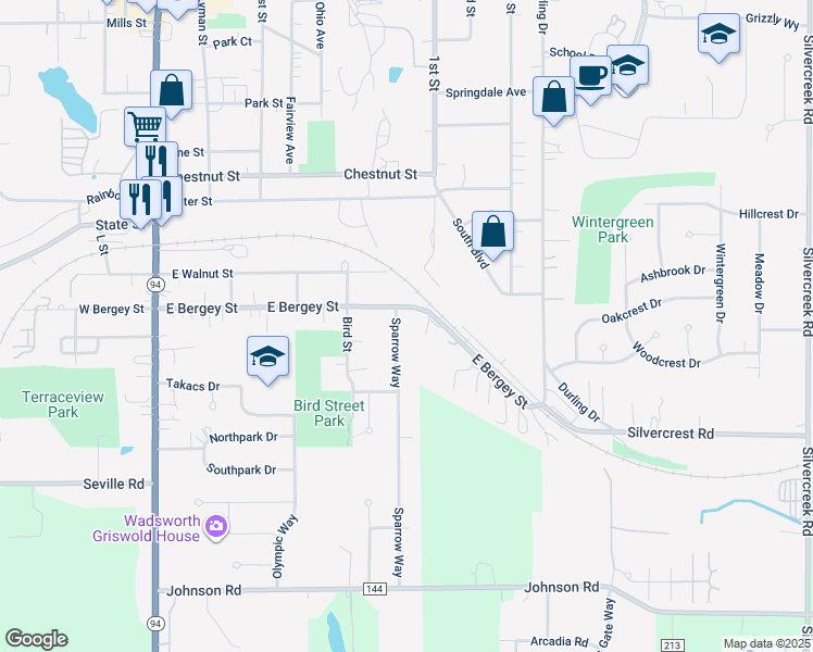 map of restaurants, bars, coffee shops, grocery stores, and more near 487C Sparrow Way in Wadsworth