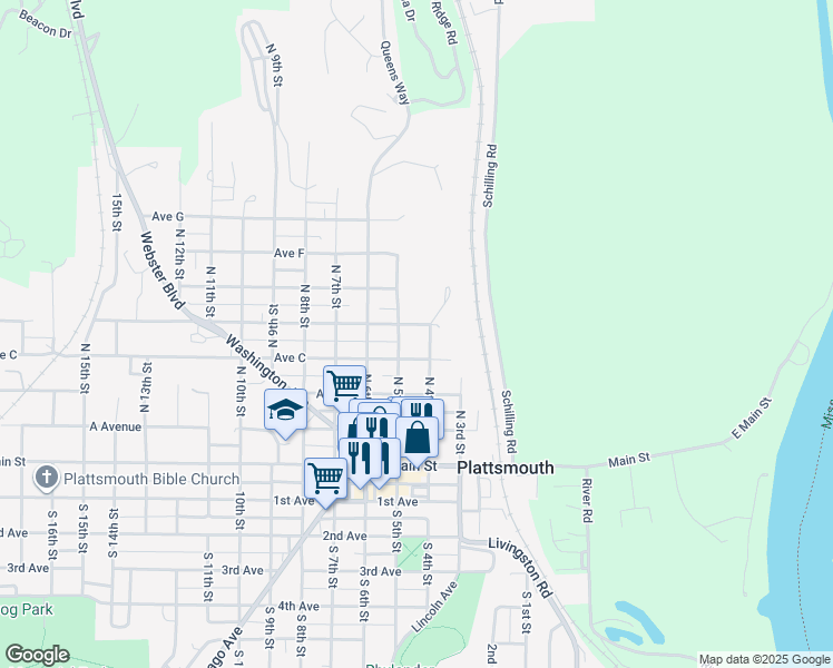 map of restaurants, bars, coffee shops, grocery stores, and more near 414 Avenue C in Plattsmouth