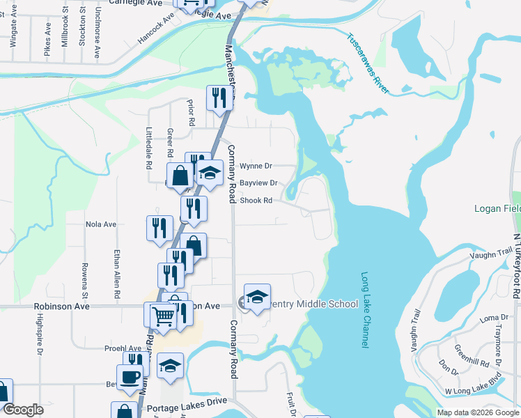 map of restaurants, bars, coffee shops, grocery stores, and more near 691 Senn Drive in Akron