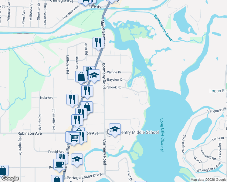 map of restaurants, bars, coffee shops, grocery stores, and more near 691 Senn Drive in Akron