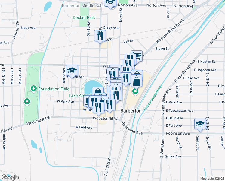 map of restaurants, bars, coffee shops, grocery stores, and more near 146 2nd Street Northwest in Barberton