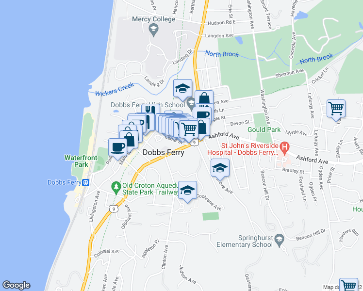 map of restaurants, bars, coffee shops, grocery stores, and more near 390 Broadway in Dobbs Ferry