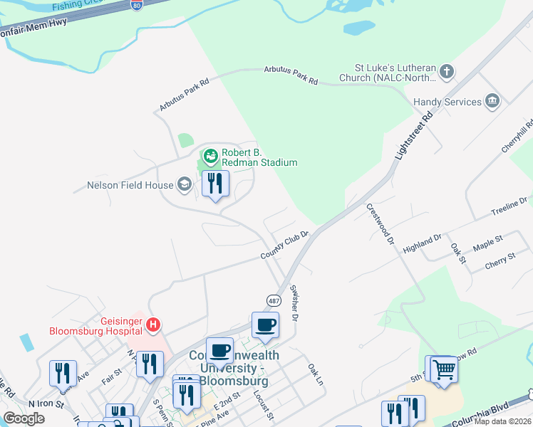 map of restaurants, bars, coffee shops, grocery stores, and more near 906 Hill Rd in Bloomsburg