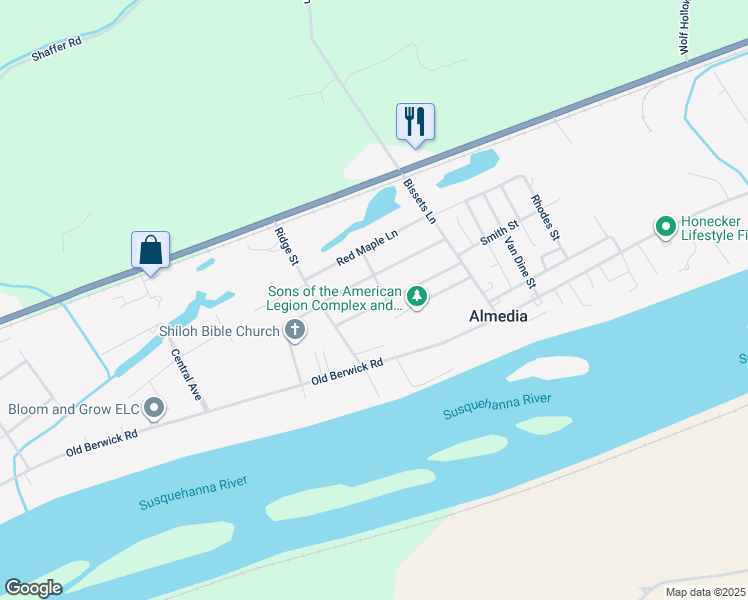 map of restaurants, bars, coffee shops, grocery stores, and more near 3553 1st Street in Bloomsburg