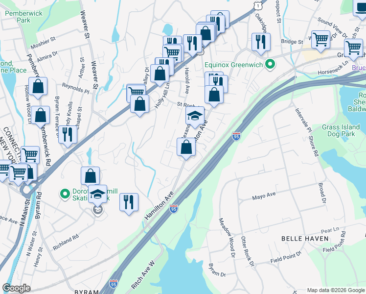 map of restaurants, bars, coffee shops, grocery stores, and more near 308 Hamilton Avenue in Greenwich