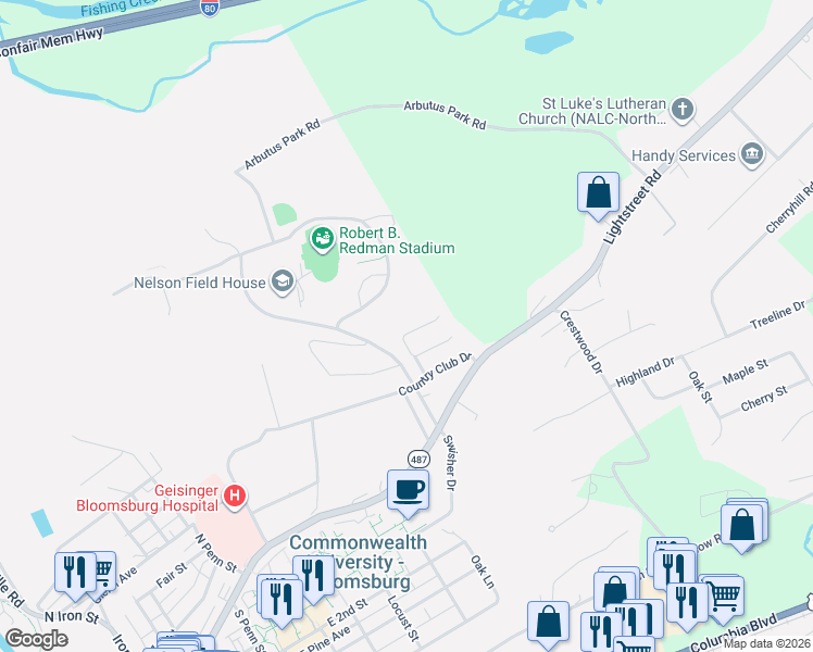 map of restaurants, bars, coffee shops, grocery stores, and more near 906 Hill Rd in Bloomsburg