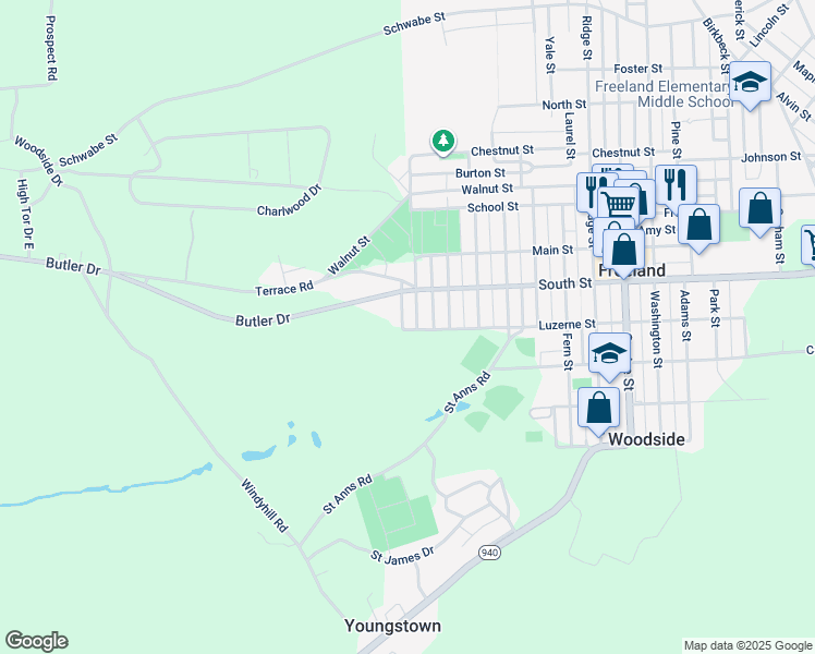 map of restaurants, bars, coffee shops, grocery stores, and more near 405 Birch Street in Freeland