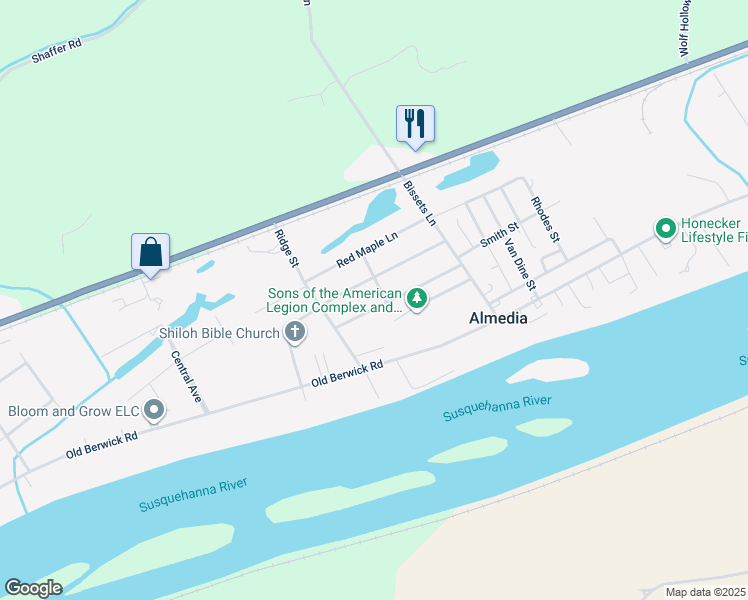 map of restaurants, bars, coffee shops, grocery stores, and more near 3553 1st Street in Bloomsburg