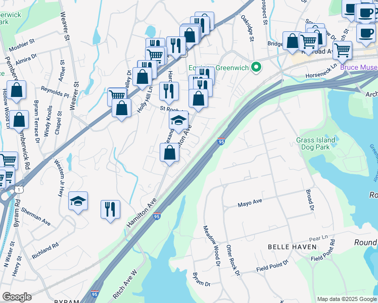 map of restaurants, bars, coffee shops, grocery stores, and more near 299 Hamilton Avenue in Greenwich