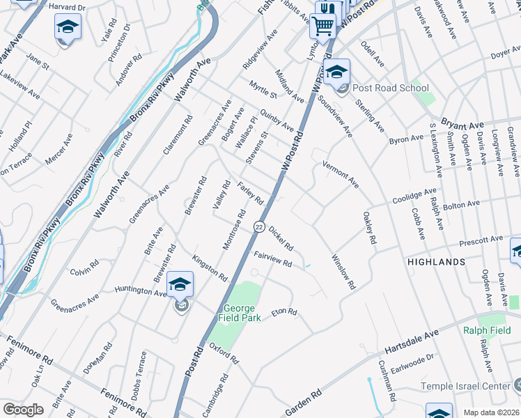 map of restaurants, bars, coffee shops, grocery stores, and more near 1A Dickel Road in Scarsdale