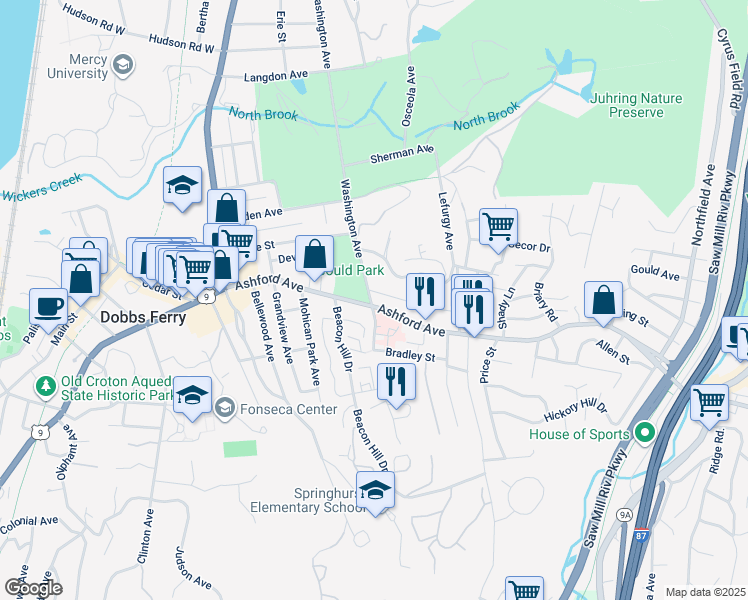 map of restaurants, bars, coffee shops, grocery stores, and more near 12 South Washington Avenue in Dobbs Ferry