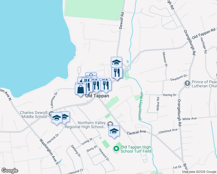map of restaurants, bars, coffee shops, grocery stores, and more near 203 Old Tappan Road in Old Tappan