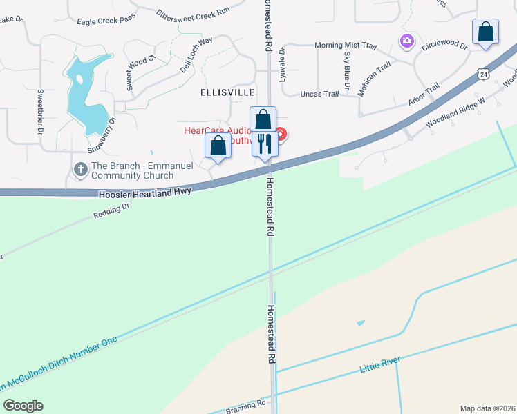 map of restaurants, bars, coffee shops, grocery stores, and more near 7438 Homestead Road in Fort Wayne